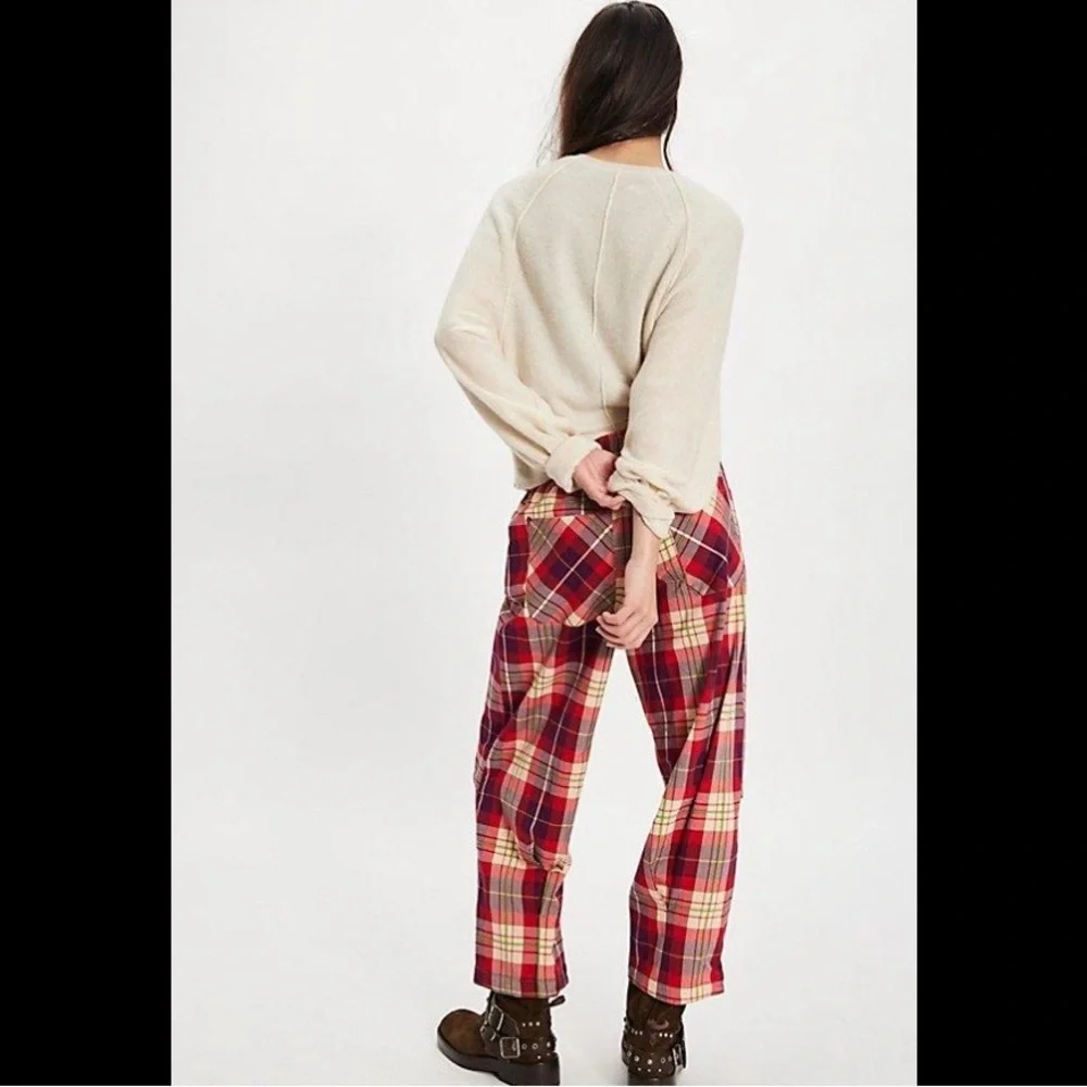 NWT Free People Nice Choice Pull-On Pant Wine combo lantern plaid Medium - Picture 4 of 11